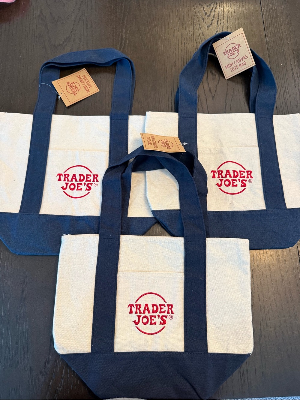 Trader Joe’s Canvas Tote Bag Set of 3 Natural Navy Red Logo Rare Trendy NWT New
